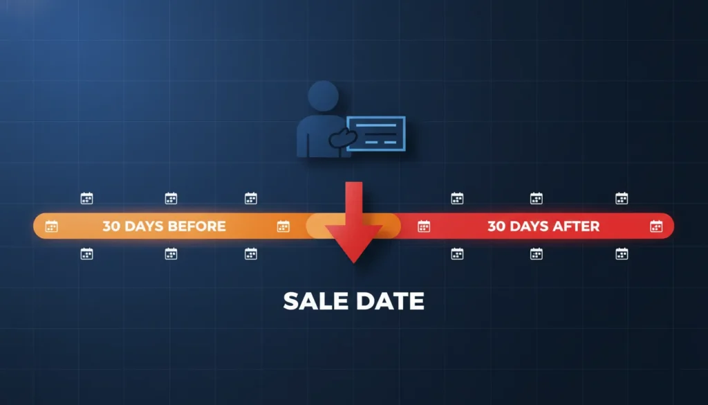 Infographic showing the 61-day wash sale window with 30 days before and after the sale date when purchasing substantially identical securities triggers the IRS rule