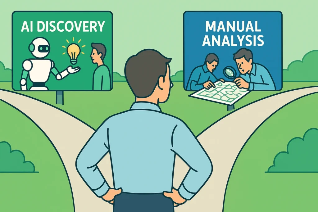 An illustration showing a trader choosing between an AI discovery path and a manual analysis path for their trading platform.