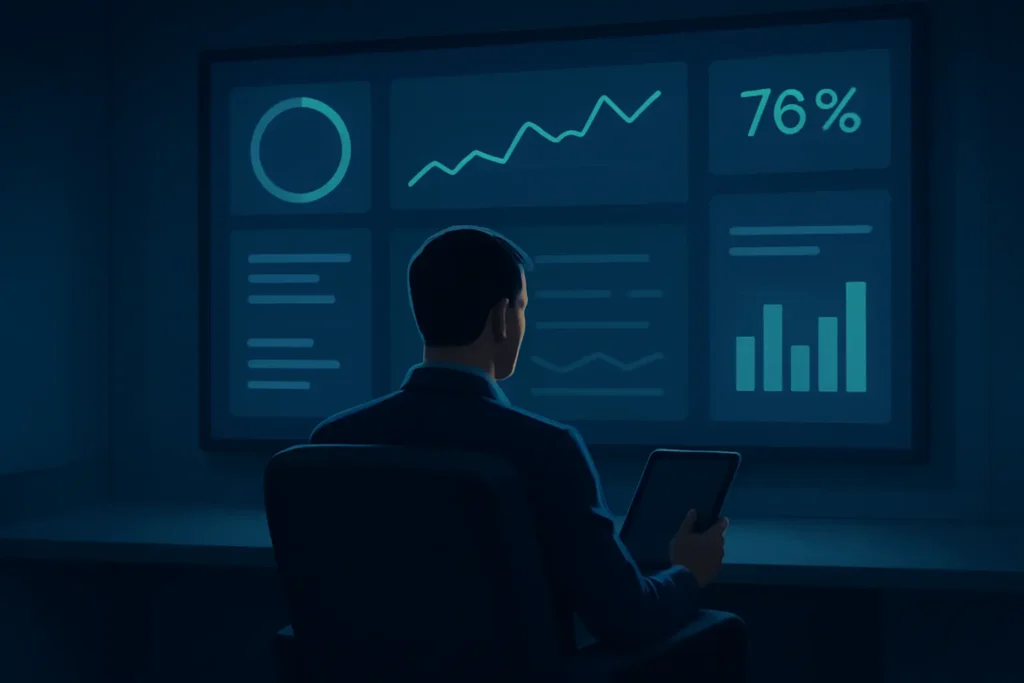A digital illustration showing a trader from behind, calmly managing their automated trading bots from a modern command center.