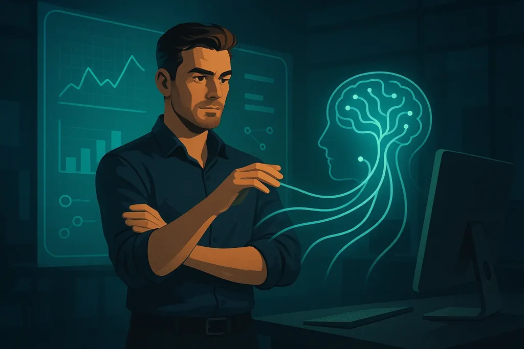 A digital illustration of a retail trader designing an algorithmic trading system on a holographic screen, symbolizing the guide for beginners.
