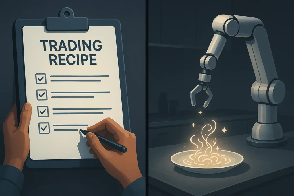An illustration explaining algo trading basics with an analogy of a "trading recipe" being executed by a robotic chef.