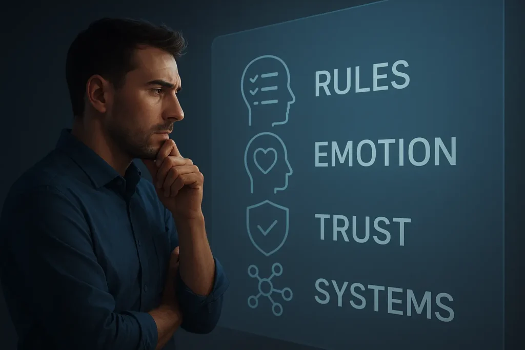 A digital illustration of a trader doing a self-assessment for algorithmic trading, with keywords for rules, emotion, trust, and systems.