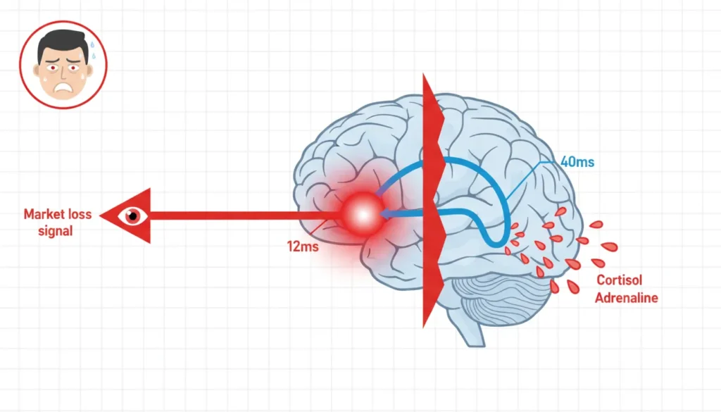 Infographic showing how the amygdala hijacks rational thinking during trading losses, with 12ms vs 40ms response time comparison
