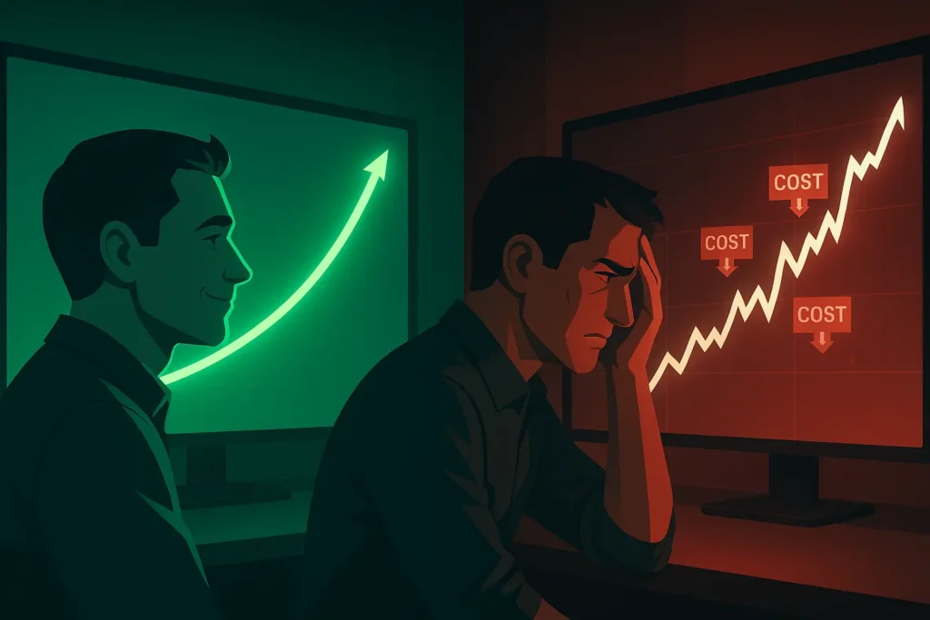 A digital illustration showing the performance gap between a clean backtest and the messy reality of automated trading costs and bot trading expenses.