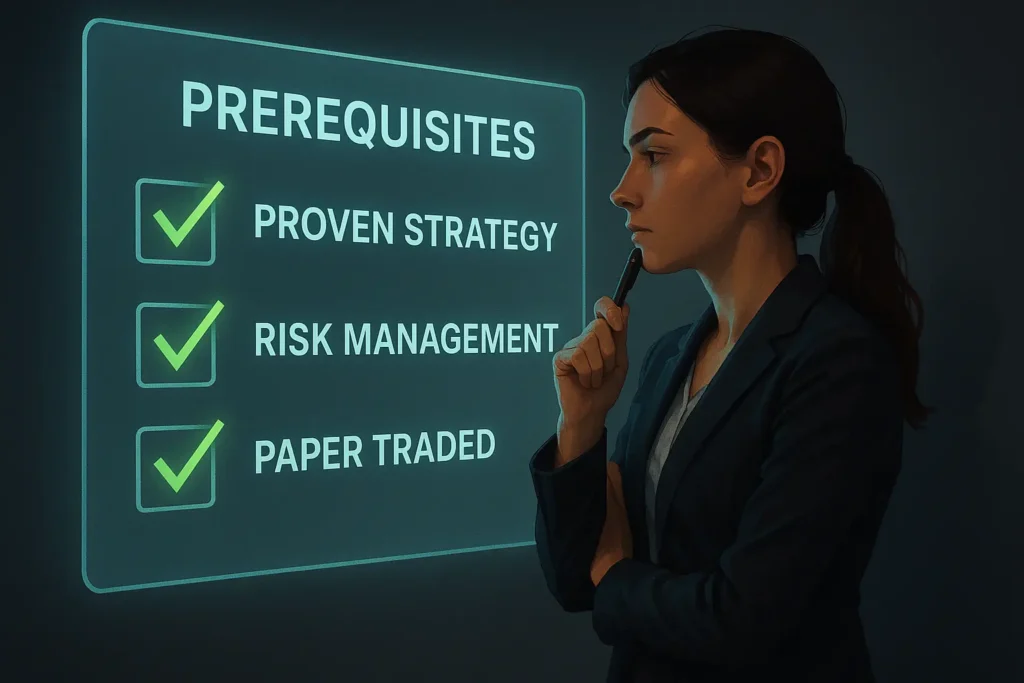 An illustration of a trader reviewing a digital checklist of prerequisites for automated trading, including having a proven strategy and risk management.