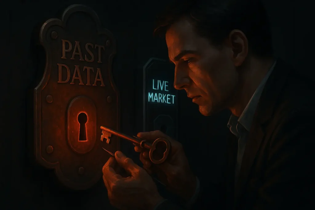 An illustration showing the backtesting mistake of overfitting, depicting a trader making a key for "past data" that won't fit the "live market."