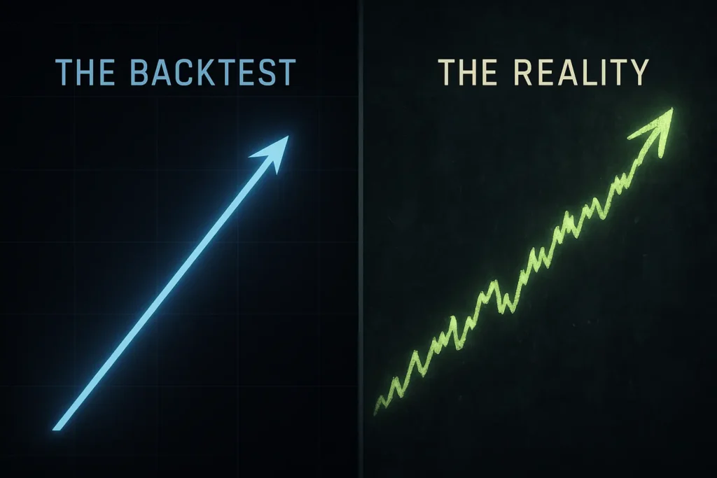 An illustration showing the "reality gap" by comparing a clean backtesting equity curve with a noisy, volatile live trading curve.