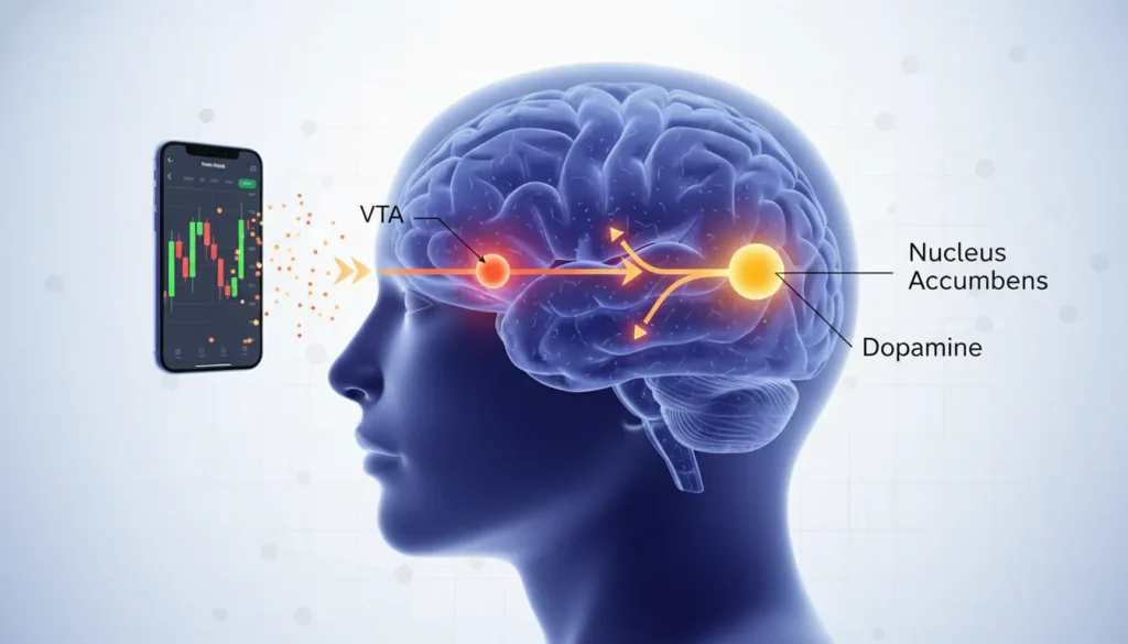 Medical illustration showing brain's reward pathway with VTA and nucleus accumbens connected by dopamine signals during trading addiction
