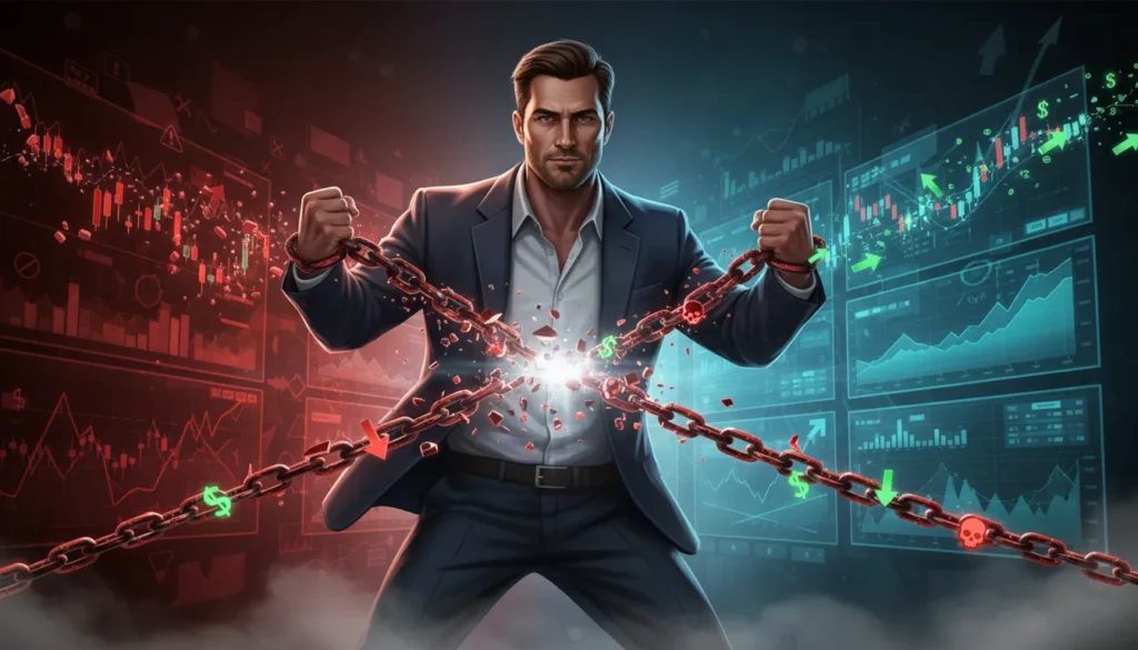 Professional trader breaking free from chains made of red loss charts, symbolizing overcoming revenge trading and emotional trading patterns

