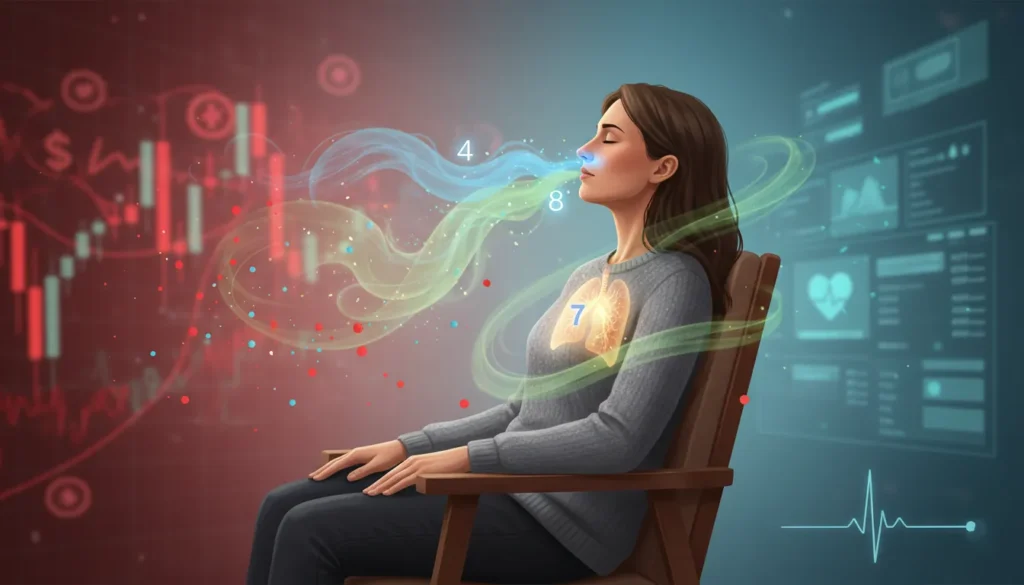 Trader performing 4-7-8 breathing technique showing air flow pattern, transforming from stressed red to calm blue emotional state
