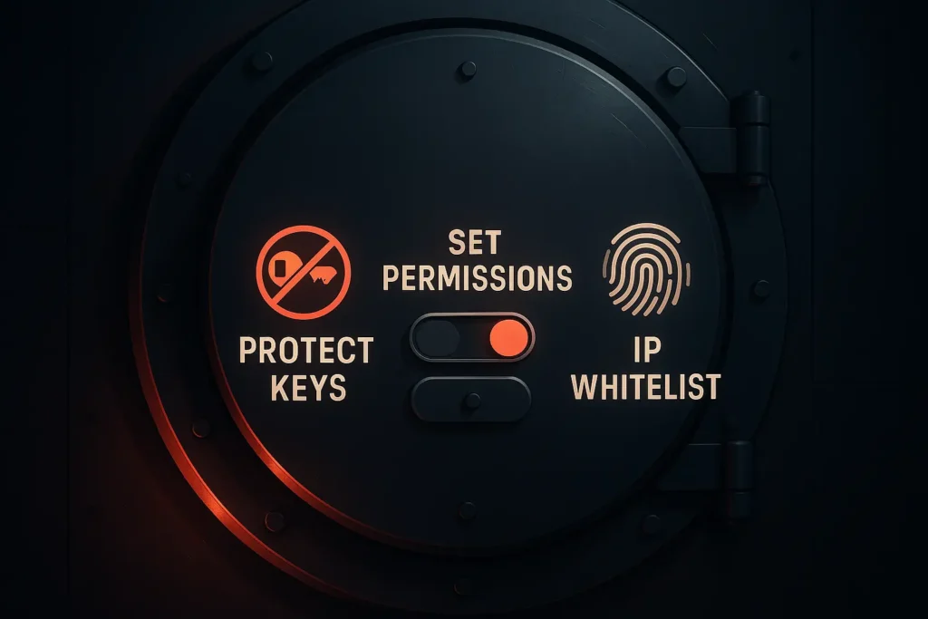 An illustration of API security best practices, showing a vault door with locks representing key protection, permissions, and IP whitelisting for broker API trading.