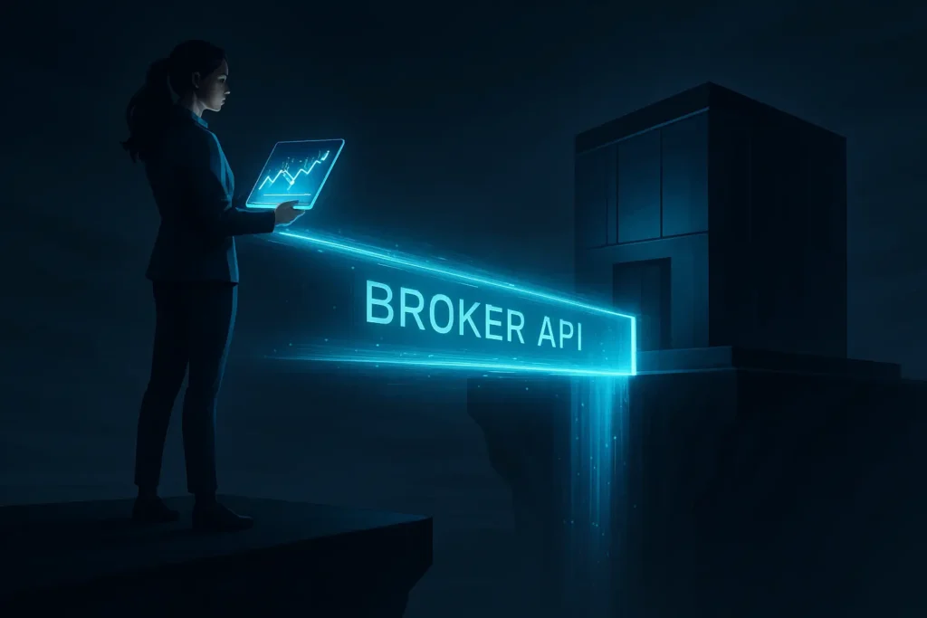 A digital illustration of broker API trading, showing a secure digital bridge connecting a trader's strategy to a broker's system.
