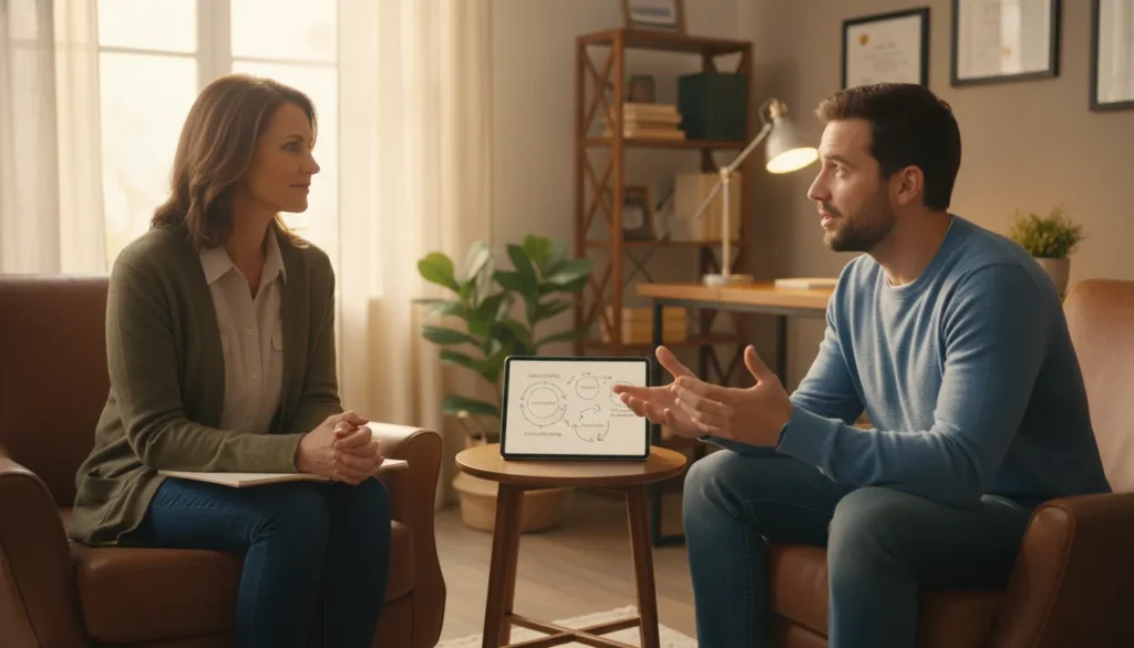 Realistic photo of therapy session showing client and therapist in warm office discussing trading addiction treatment with CBT methods
