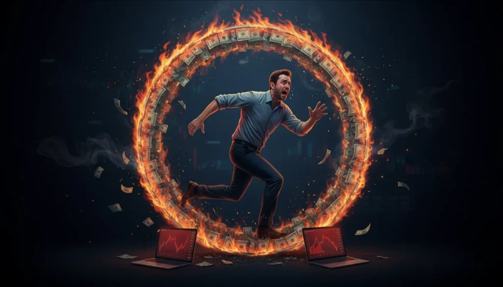 Metaphorical illustration of trader running in hamster wheel made of burning dollar bills representing the futile cycle of chasing losses
