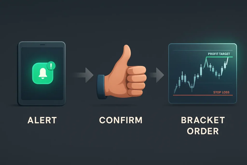 An infographic showing the 3-step workflow of conditional order automation: receiving an alert, confirming the trade, and placing a bracket order.