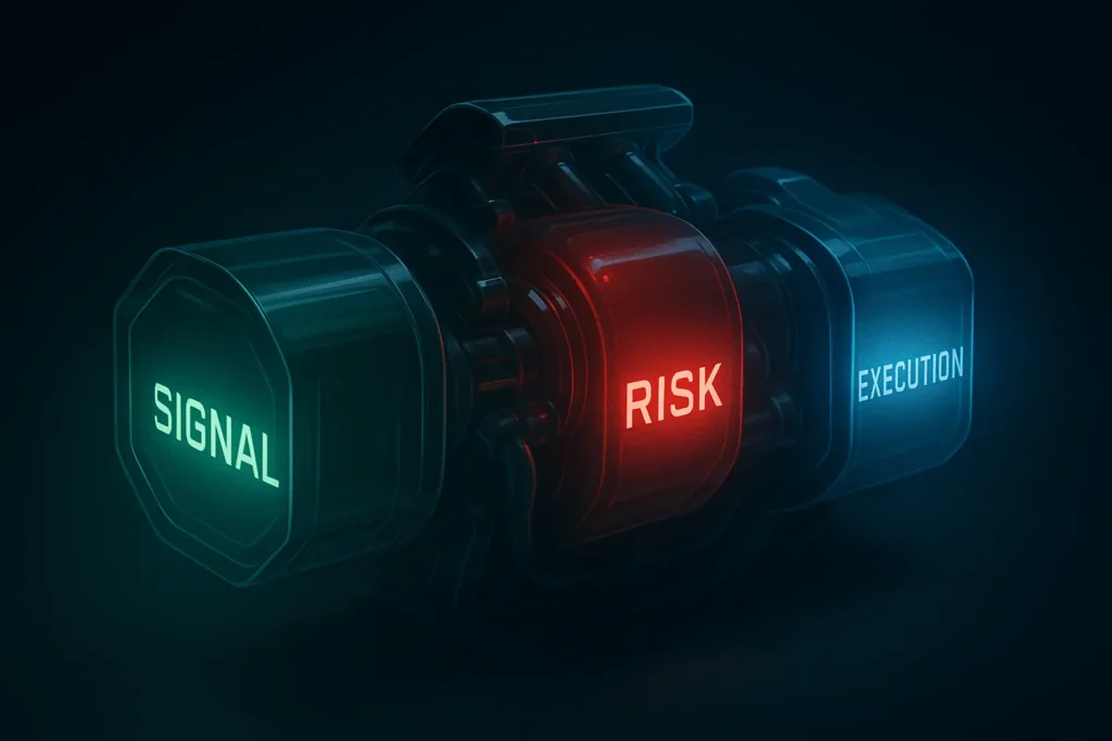 A digital illustration of a futuristic engine showing the 3 core components of any trading algorithm: Signal, Risk, and Execution.