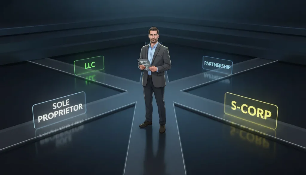 Professional day trader standing at crossroads choosing between sole proprietor, LLC, partnership, and S-Corp business structures with glowing paths representing tax advantages