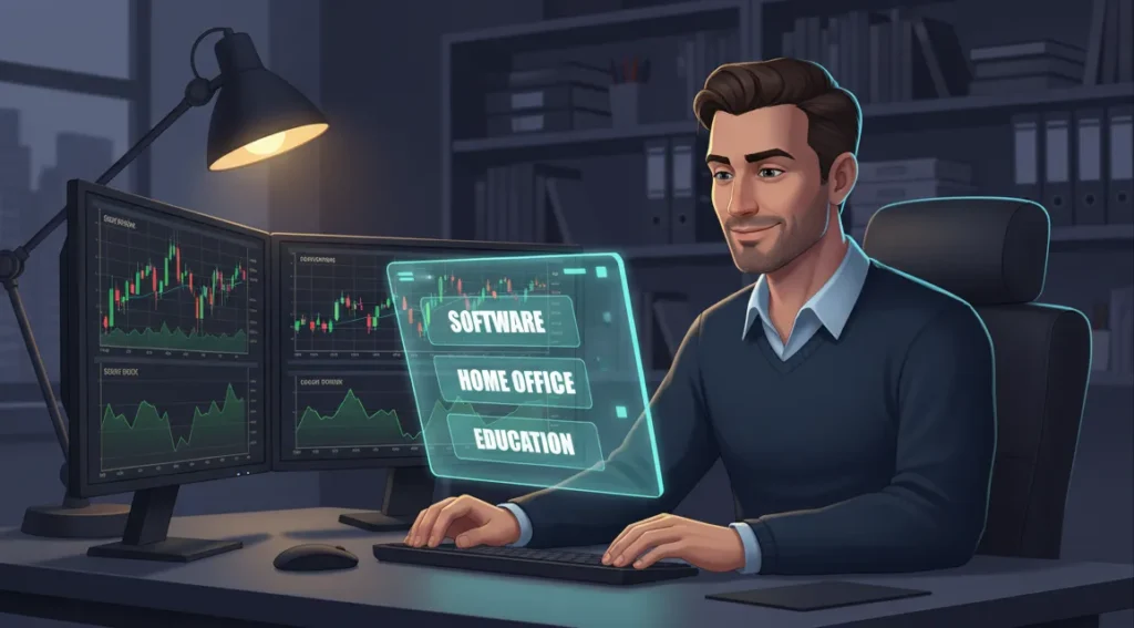 Professional day trader reviewing tax deduction categories on holographic display at multi-monitor home office trading desk with organized workspace
