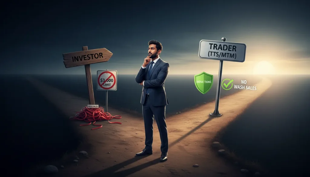 2D illustration of a trader choosing between the 'Investor' tax path with limits and the 'Trader' tax path (TTS/MTM) with deductions and benefits.