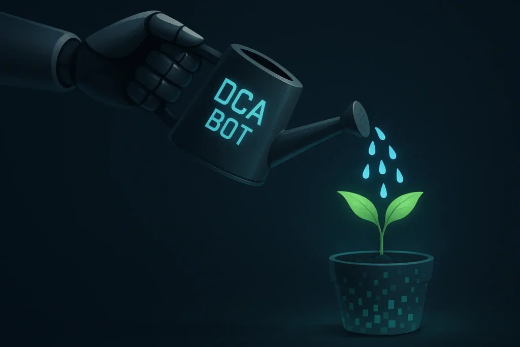 An illustration of a DCA bot as a robotic arm watering a small plant, symbolizing the strategy of consistent, automated dollar-cost averaging.