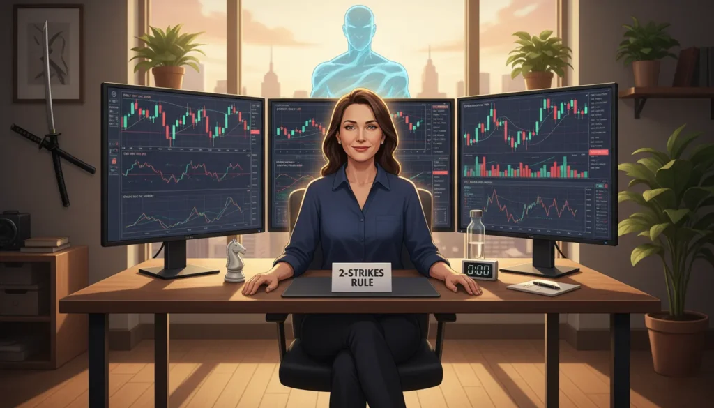 Confident professional trader at organized desk with multiple monitors, showing calm control and discipline after mastering revenge trading
