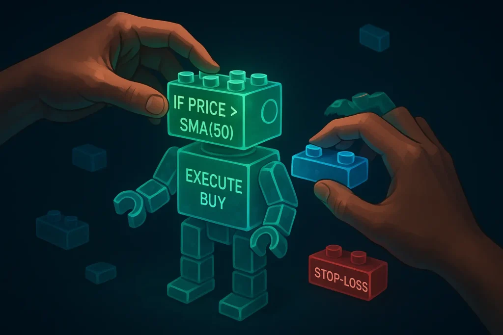 An illustration of hands building a drag and drop trading bot out of glowing digital blocks labeled with trading commands.