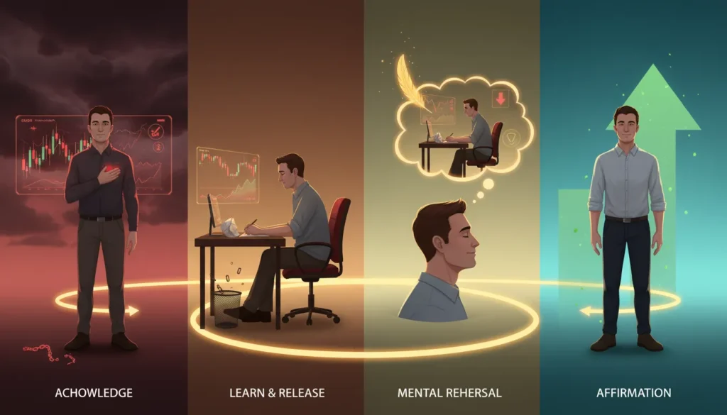 Four-panel illustration showing trader moving through post-loss recovery: acknowledge, learn, mentally rehearse, and affirm future success
