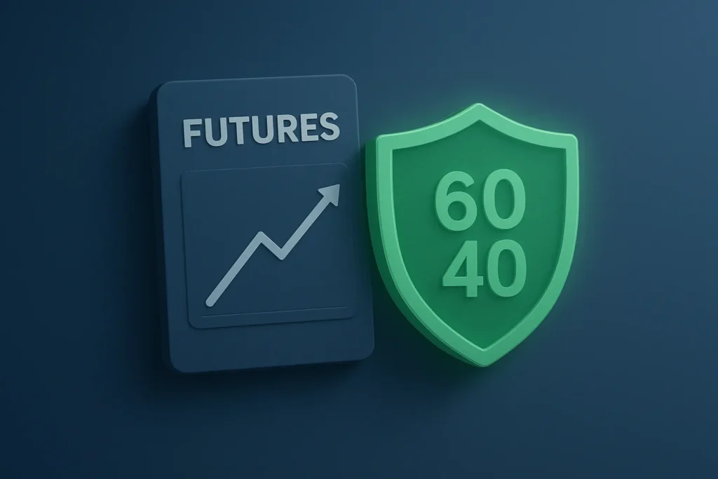 2D graphic illustration showing a futures icon merging with a tax shield icon labeled '60/40', symbolizing the built-in tax edge of Section 1256 contracts.
