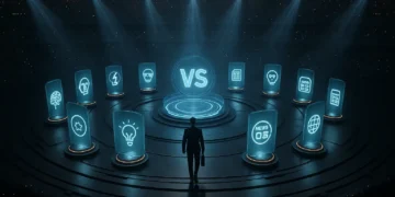 Cinematic 3D render of a futuristic circular arena with a glowing VS hologram surrounded by illuminated pedestals representing AI, charts, and news trading tools. Trade Ideas alternatives.