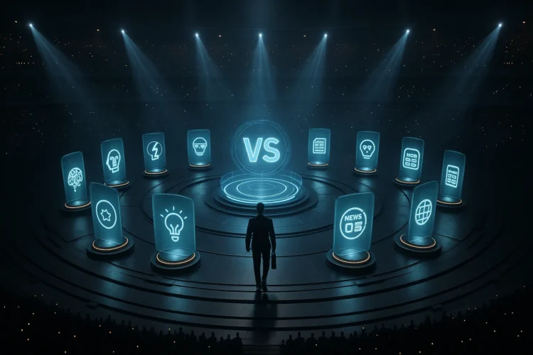 Cinematic 3D render of a futuristic circular arena with a glowing VS hologram surrounded by illuminated pedestals representing AI, charts, and news trading tools. Trade Ideas alternatives.