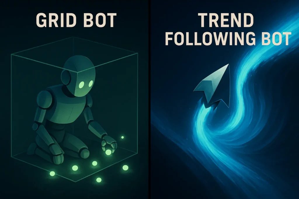 A comparison illustration contrasting a grid bot harvesting small profits in a range vs. a trend following bot riding a large market wave.