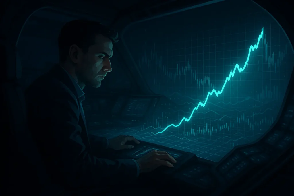 A digital illustration showing how to backtest a trading strategy, depicting a trader in a simulator testing an equity curve on historical data.