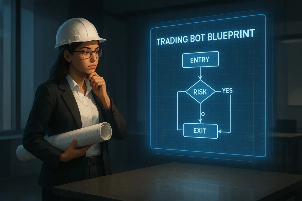 A digital illustration for a trading bot tutorial, showing a trader as an architect reviewing the blueprint to create a trading algorithm.