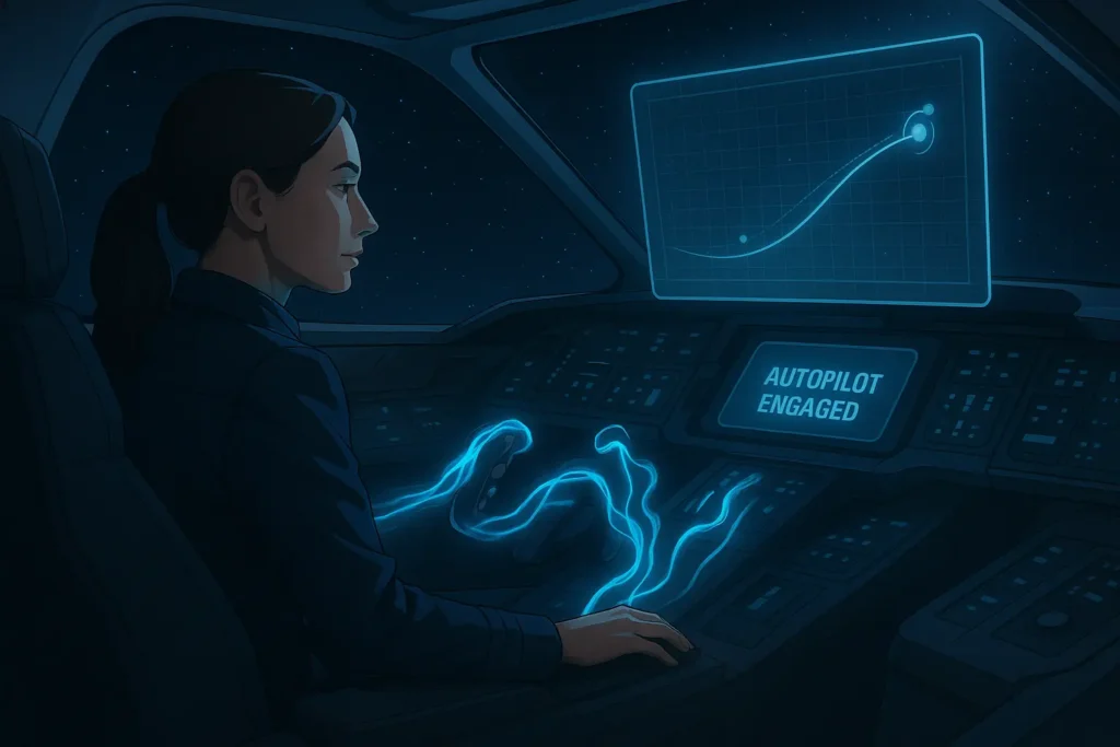 An illustration of a trader as a pilot in a cockpit, reinforcing the concept that the human is in control of the automated trading definition.