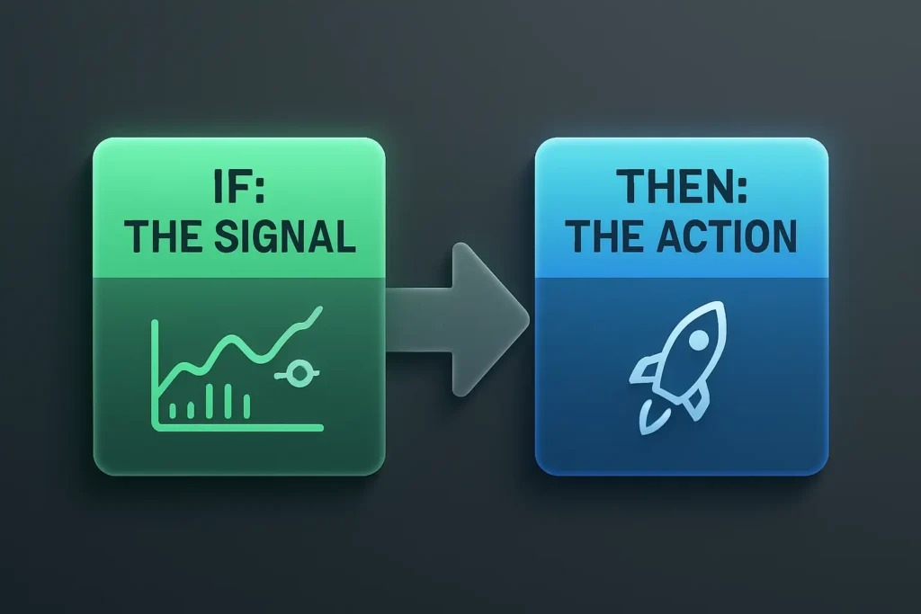 An infographic explaining the if-then logic of a no-code trading bot, showing a signal block connected to an action block.