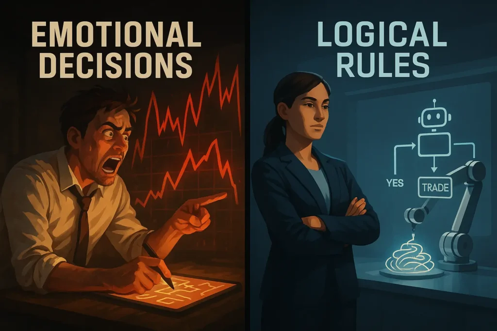 A comparison illustration showing the difference between emotional manual trading and logical automated trading.