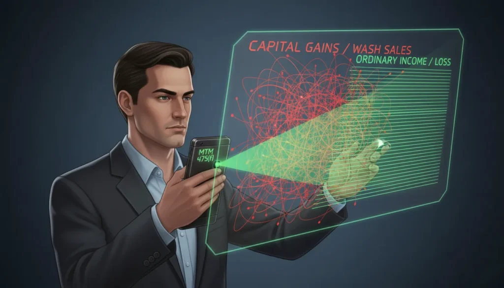 2D cinematic illustration showing a trader using an 'MTM 475(f)' tool to change complex capital gains/wash sales lines into simple ordinary income lines, symbolizing mark-to-market accounting benefits.