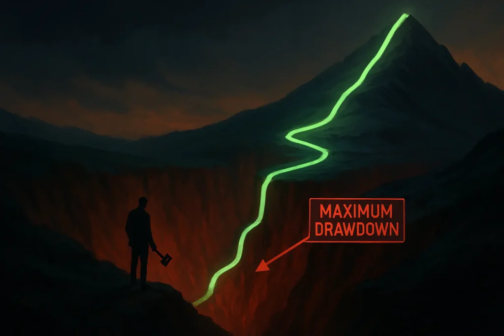 A visual explanation of the maximum drawdown metric in backtesting results, showing an equity curve path dipping into a deep canyon.