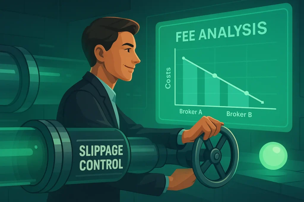 A digital illustration of a trader minimizing bot trading expenses by controlling slippage and analyzing algo trading fees.