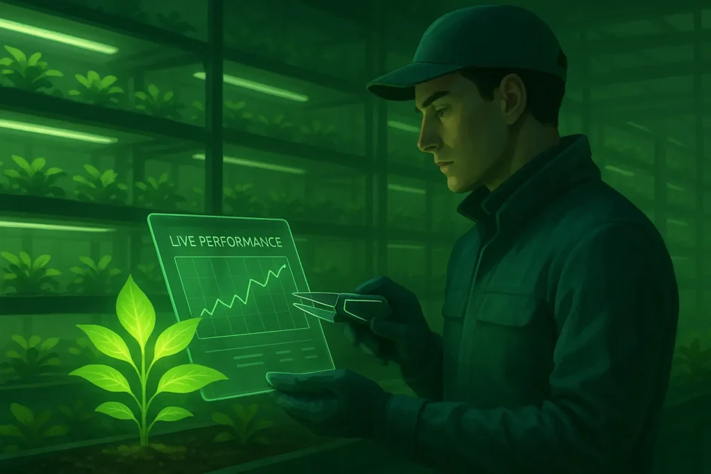 An illustration for a trading bot tutorial showing the final step of monitoring a live bot, depicted as a gardener carefully tending to a plant.