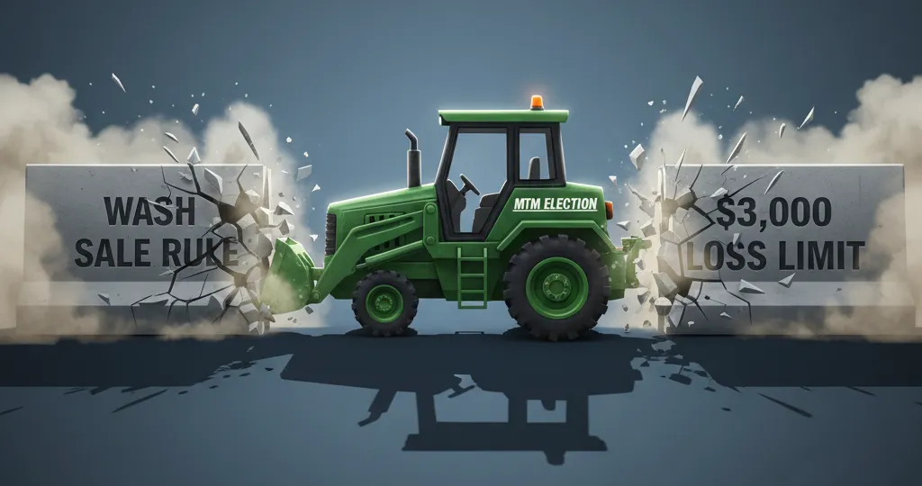 2D illustration of an 'MTM ELECTION' vehicle breaking through roadblocks labeled 'WASH SALE RULE' and '$3,000 LOSS LIMIT,' showing MTM benefits.