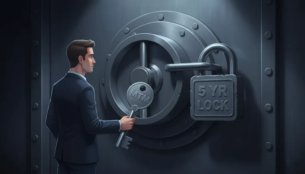 2D illustration of a trader facing a vault door with a '5 YR LOCK' padlock, holding an 'MTM' key, showing the difficulty of revoking the MTM election.