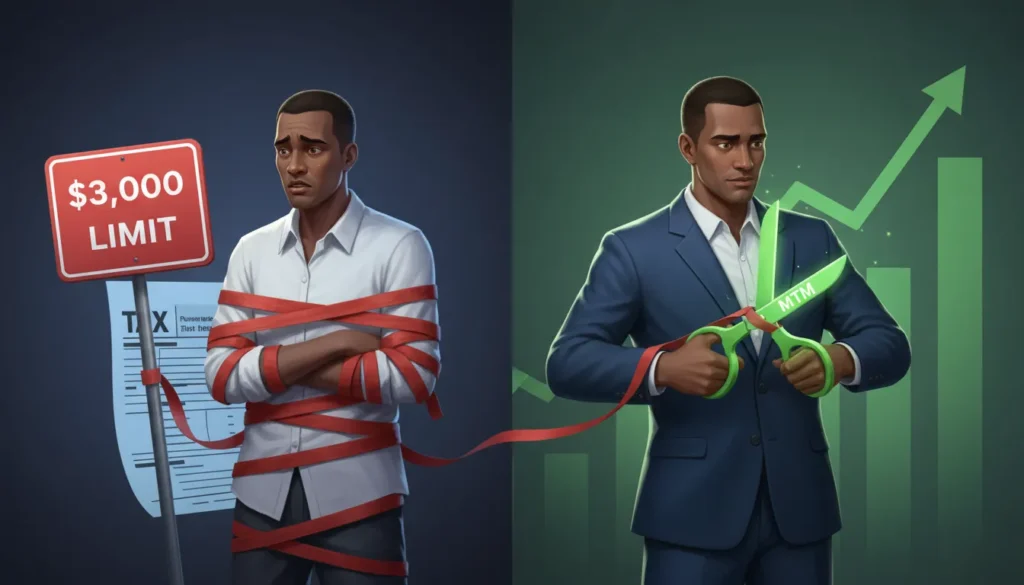 Split 2D illustration contrasting a trader restricted by wash sale rule limits versus a trader using the MTM election to overcome them.