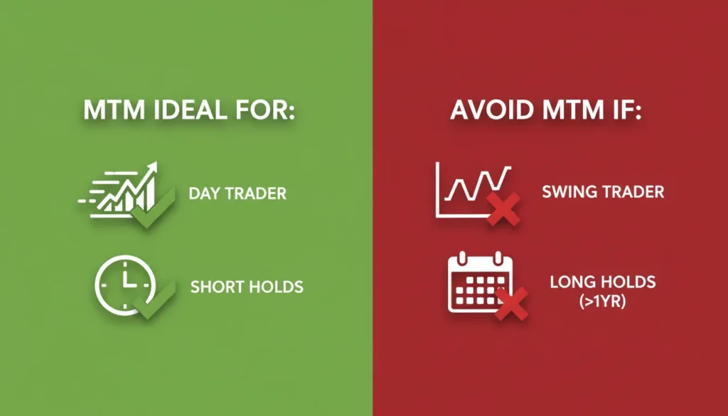 Infographic comparing ideal candidates for MTM election (Day Trader, Short Holds) vs. those who should avoid it (Swing Trader, Long Holds >1yr).