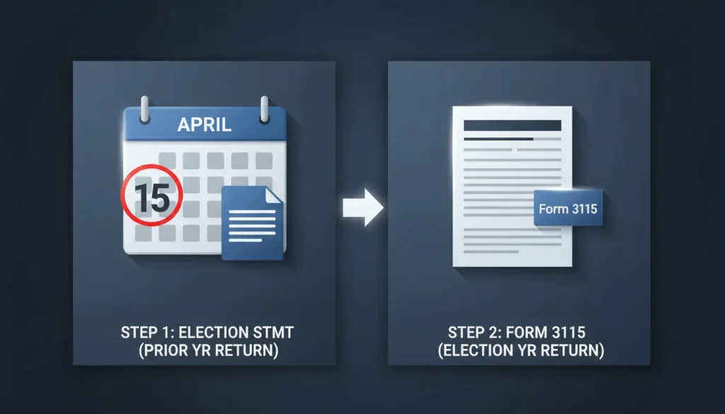 Infographic showing the two-step process and deadline for the Section 475(f) MTM election, involving an election statement and Form 3115.