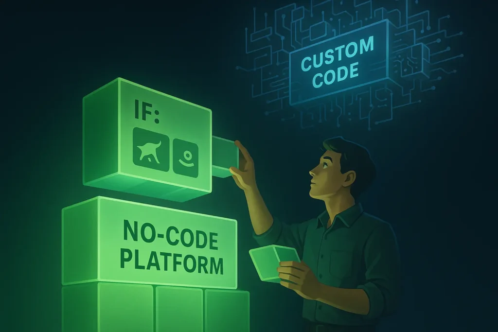 A visual metaphor showing the complexity ceiling of a no-code trading bot compared to the potential of custom coding.