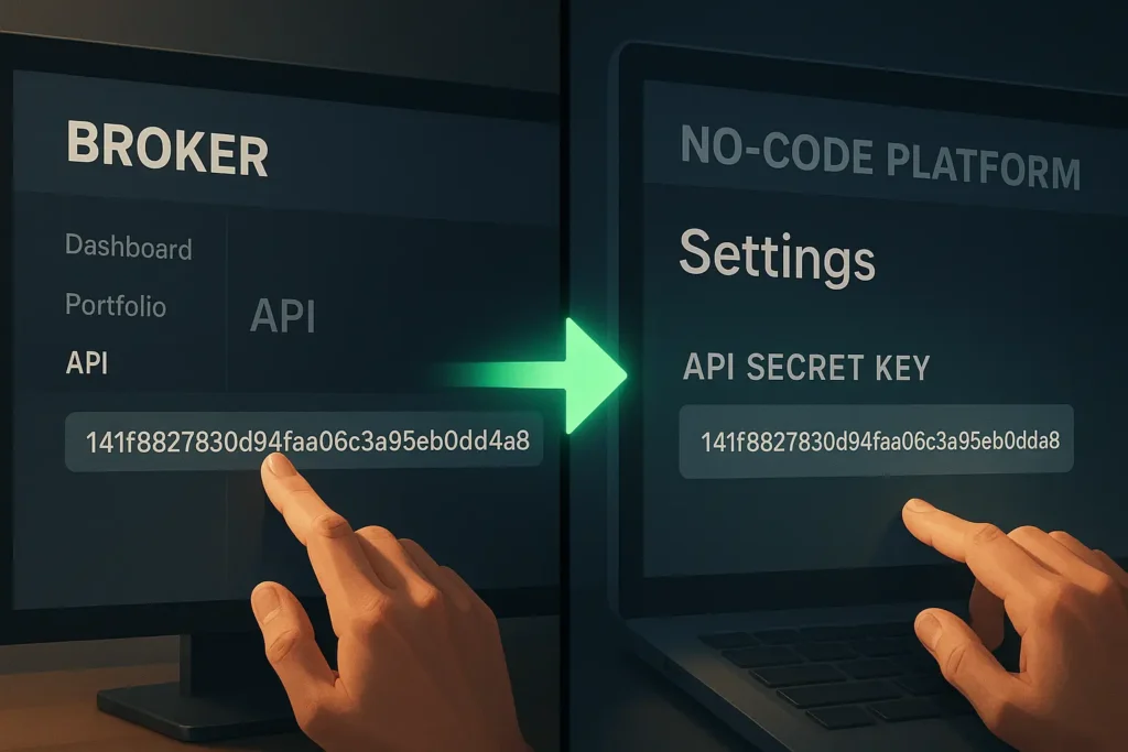 An illustration showing how a non-coder can connect a broker to an algorithm by copying an API key and pasting it into a no-code platform.