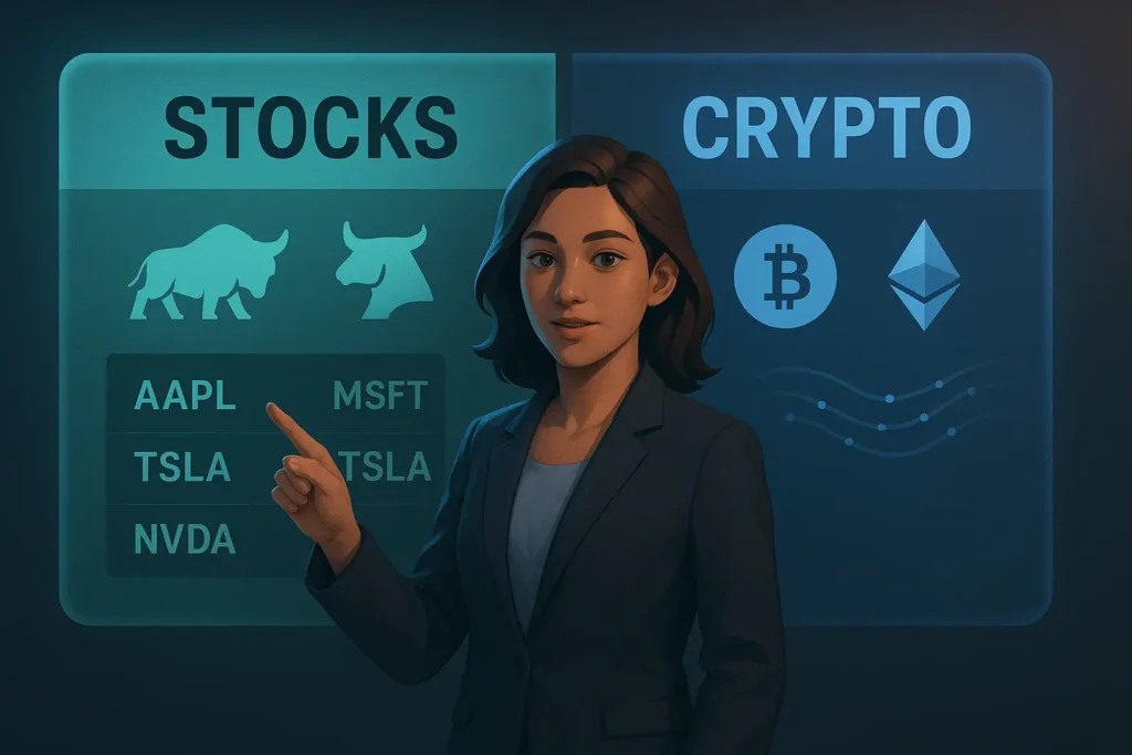 An illustration showing a trader choosing between no-code trading bot platforms for stocks versus crypto.