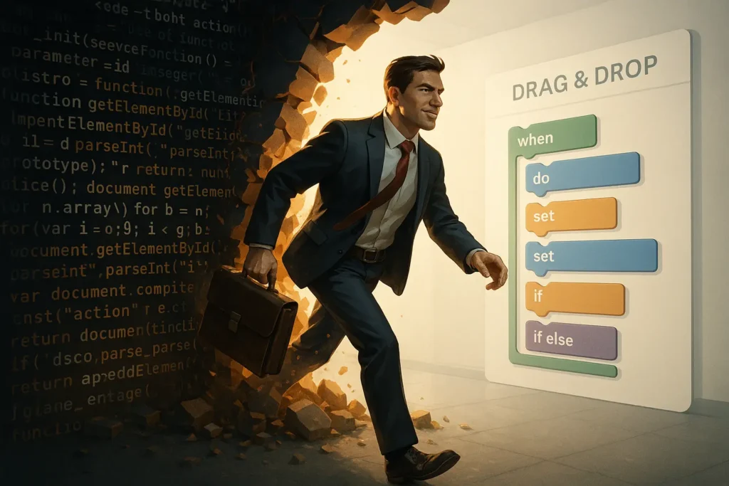 A digital illustration of a trader breaking through a wall of code to access a simple, no-code trading bot interface, symbolizing trading automation without coding.