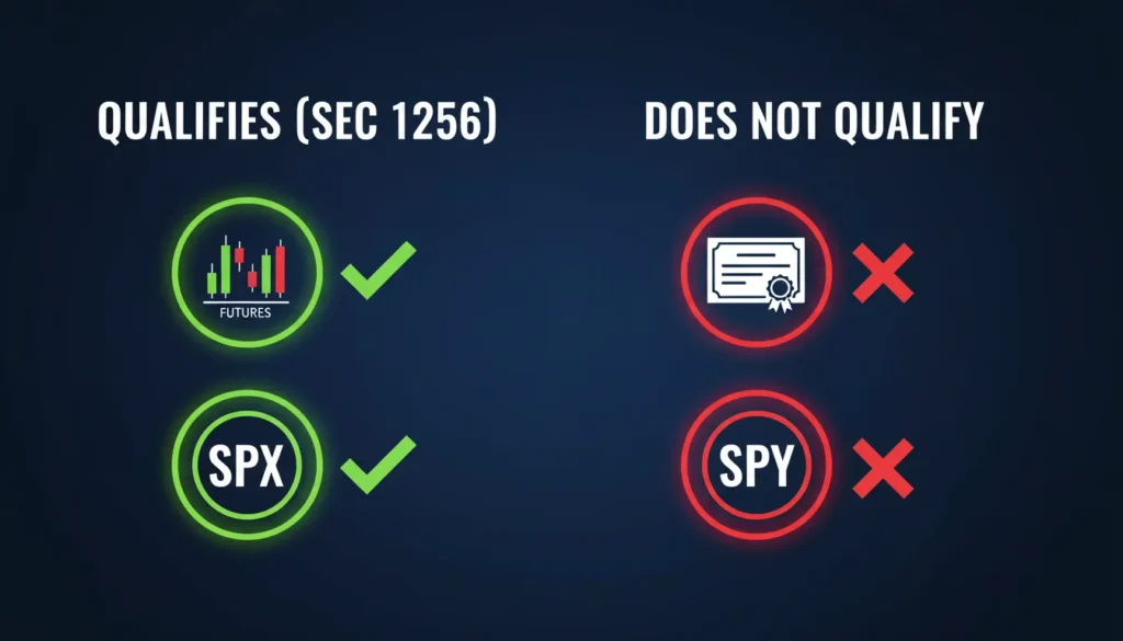Infographic comparing qualifying Section 1256 contracts (Futures, SPX options) with green checks versus non-qualifying instruments (Stocks, SPY options) with red X's.